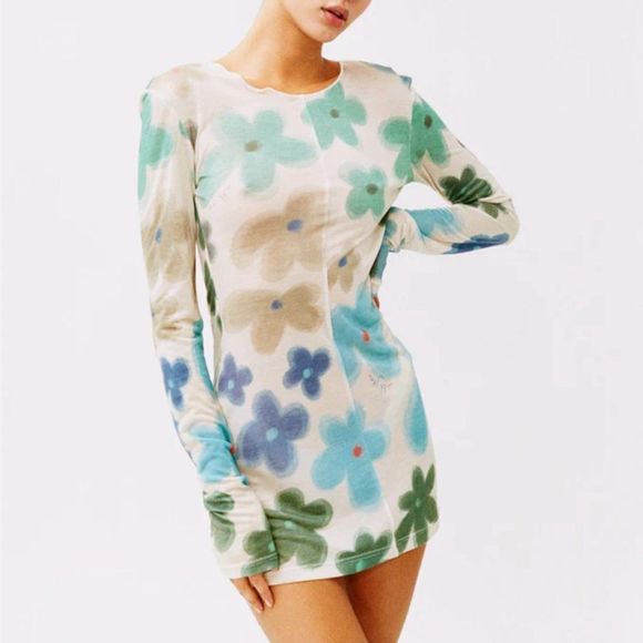 With Jean Dresses & Skirts - With Jean Kenny Dress Cool Tone Floral Long Sleeve Mini Dress
